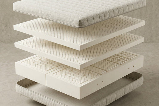 Exploded view of a slaapkop mattress, showing the layers and the airflow channels.