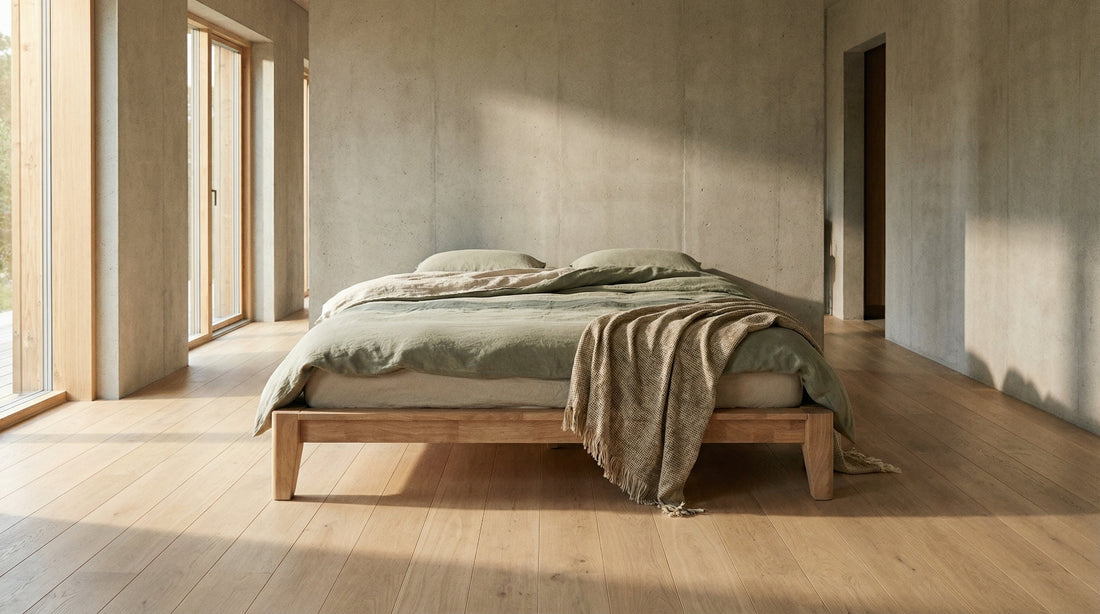 Singapore bedroom furnished in natural materials, with a slaapkop bed made up in linen.
