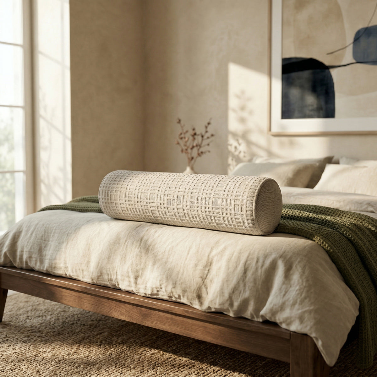 Close-up of The Bolster, slaapkop organic latex bolster, in a bedroom setting.
