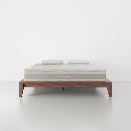 slaapkop The Frame bedframe in walnut rubber wood, front view, 180 cm width